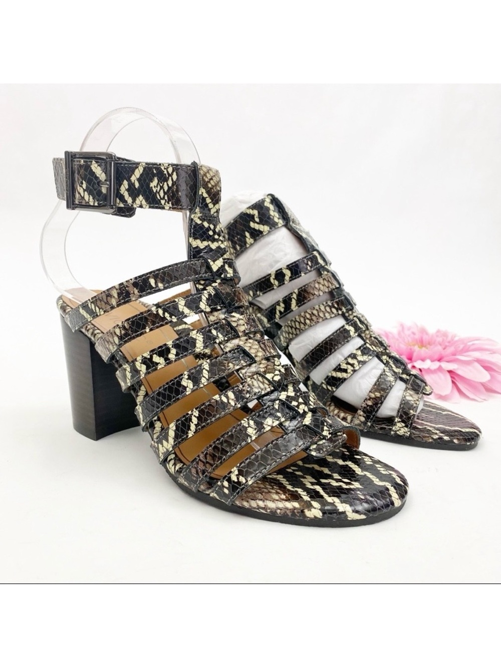 Vionic Perk Sami Leather Caged Heeled Sandals: Black Boa Snakeskin